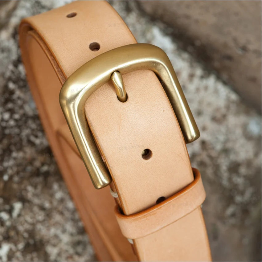 RAY KWOK Vintage Handmade Brass Pin Buckle Simple Vegetable Tanned Leather Belt Amekaji Leather Belt
