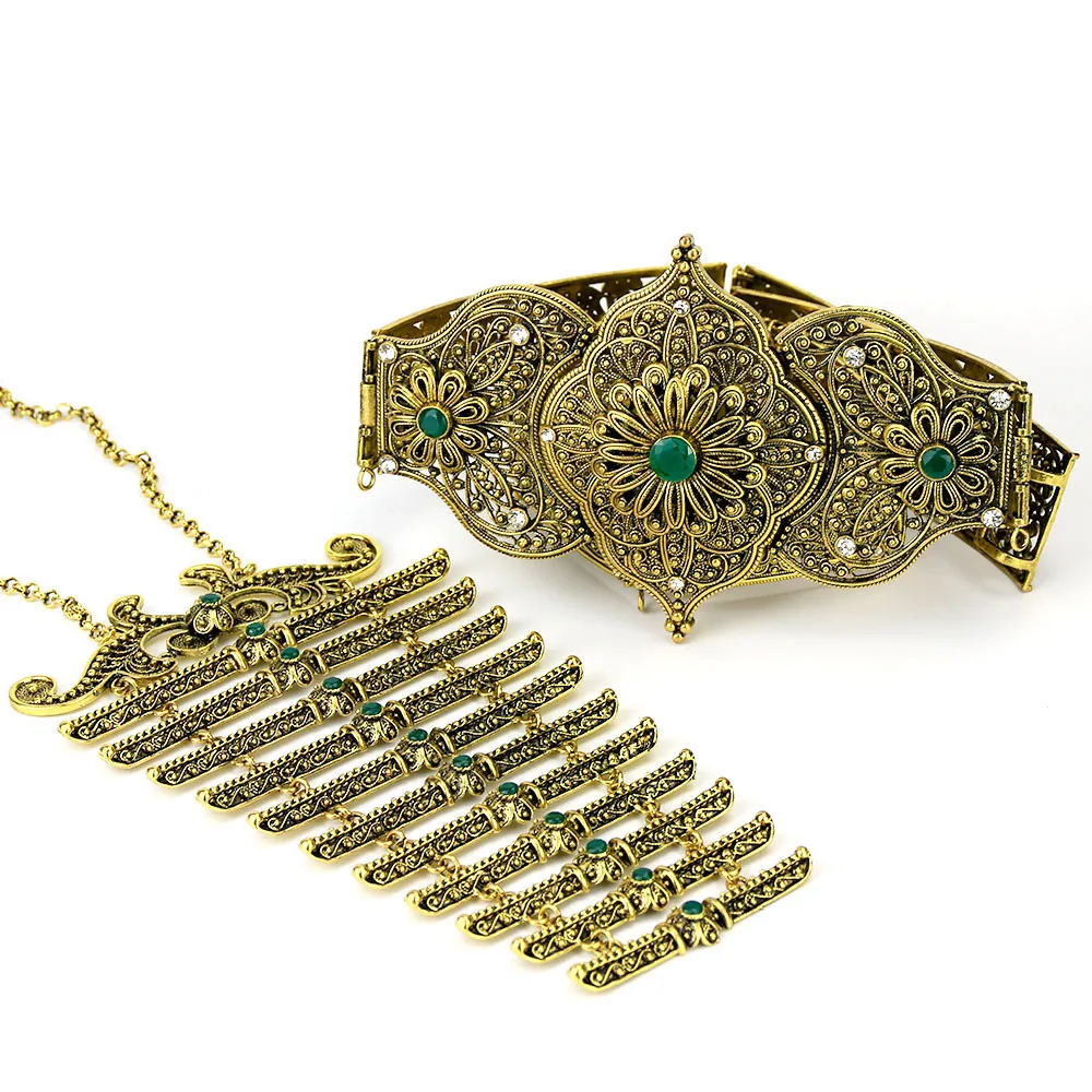 

Neovisson Turkey Belt Breastplate Sets for Women Wedding Dress Abaya Jewelry Retro Gold Color Red Green Stone Pink Luxuriant