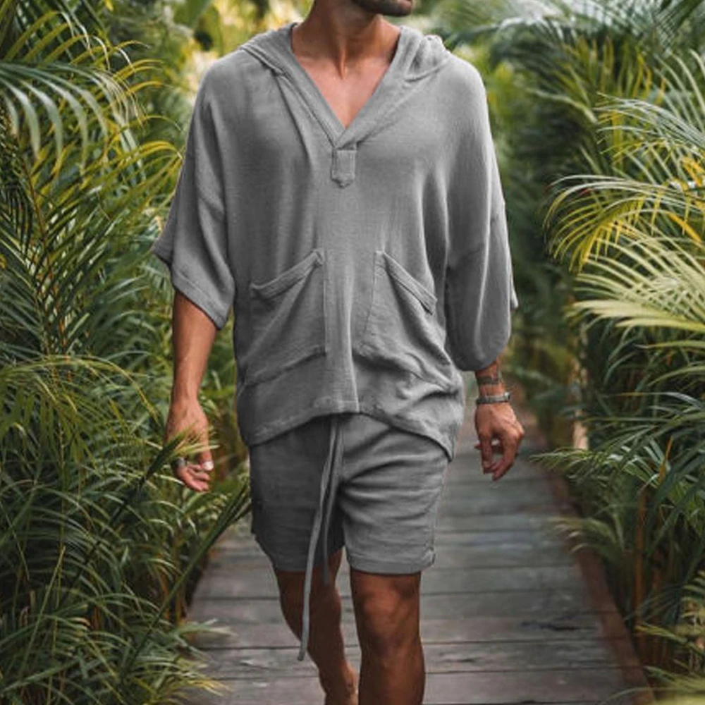 Cotton and Linen Vacation Leisure Suit Summer Solid Color Loose Hooded Short-sleeved V-neck Top Shorts Two-piece Suit for Men