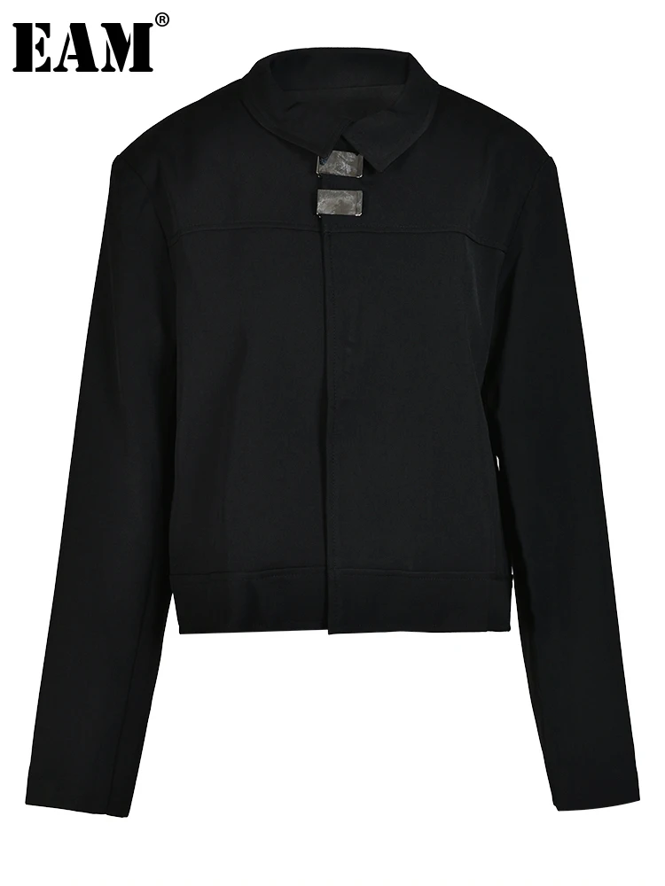 

[EAM] Loose Fit Black Metal Chain Short Big Size Jacket New Lapel Long Sleeve Women Coat Fashion Tide Spring Autumn 2023 1DH1555