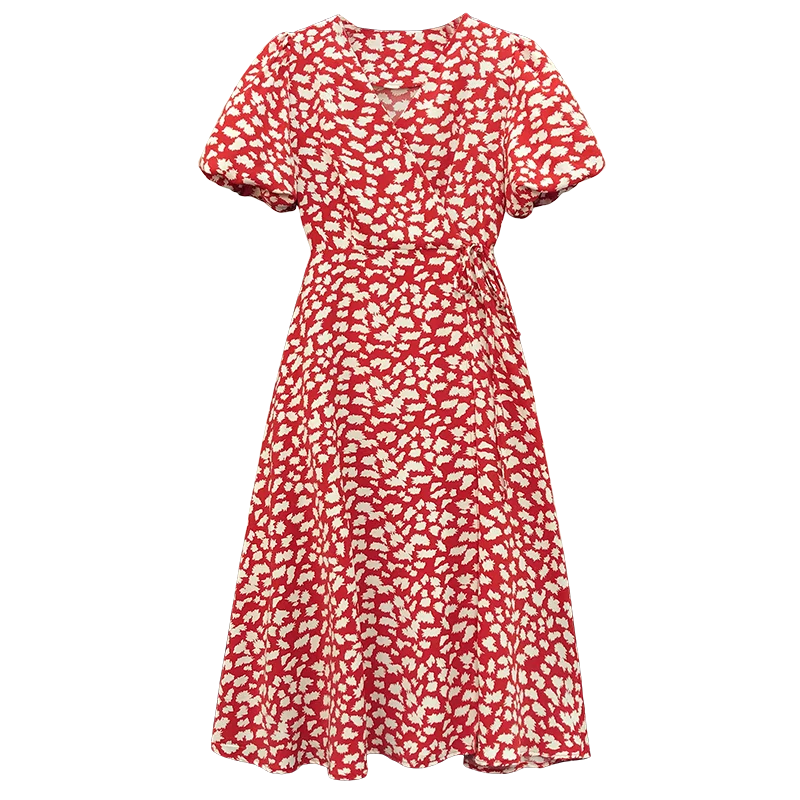 

2022Summer Women Boho Print Dress Elegant V Neck Short Sleeve Casual Lacing Streetwear Plus Size Fashion Black Red Party Vestido