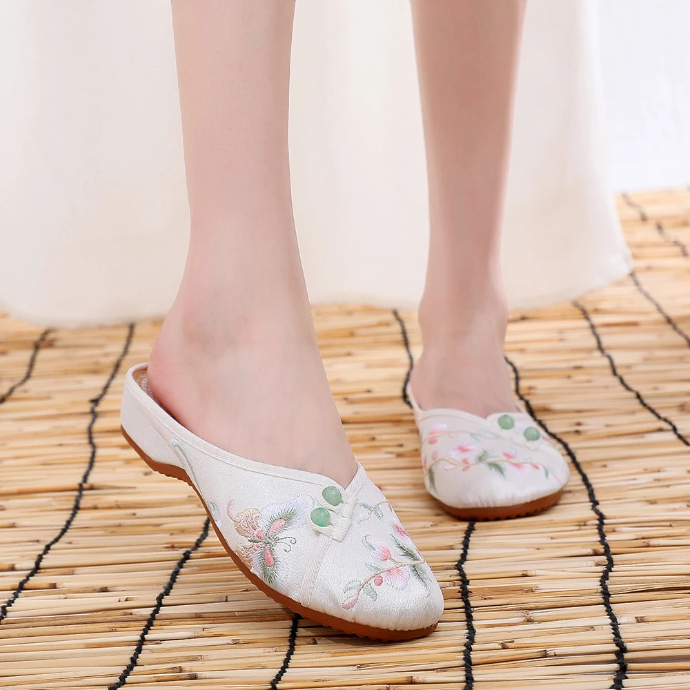 

YRZP Ladies Casual Home Shoes Women Soft Flock Cotton Fabric Embroidered Closed Toe Flat Slippers Comfortable Casual Slippers