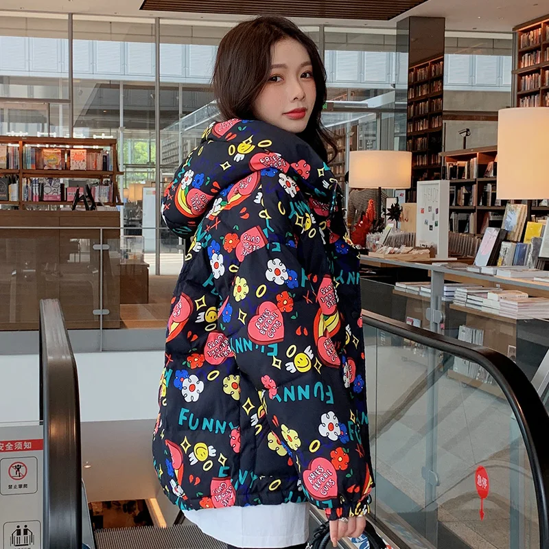 

Winter Kawaii Puffer Jackets for Women Korean Fashion Trends Cartoon Graffiti Clothing Teenage Girls Warm Coats Cute Streetwear
