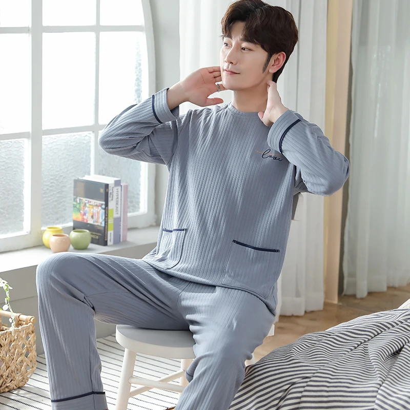 Korean Fashion Pijamas Set For Man Cotton Homewear Long Sleeping Top Pant 2 Pieces Set Sleepwear Leisure Night Clothing Dropship