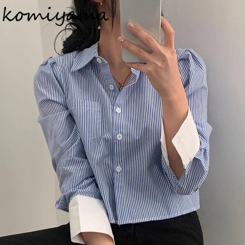 Женские рубашки и блузки в контрастную полоску однобортные с воротником-лапша