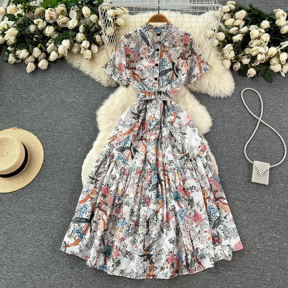New Lapel Shirt Dress Women's Summer Short Sleeve Floral Print Single Breasted Elegant Vintage Clothes Vestidos De Fiesta K019