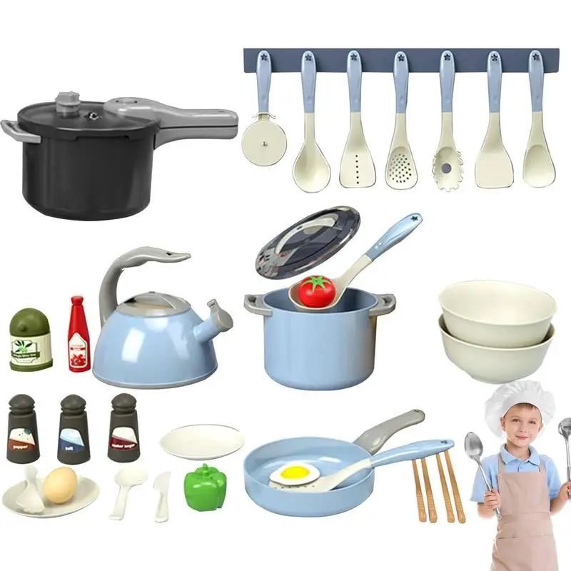 

32 Pcs Toy Kitchen Cookware Pans Pots Kettle Spoon Chopsticks Plate Egg Cruet Green Pepper Funny Kitchen Accessories For Kids