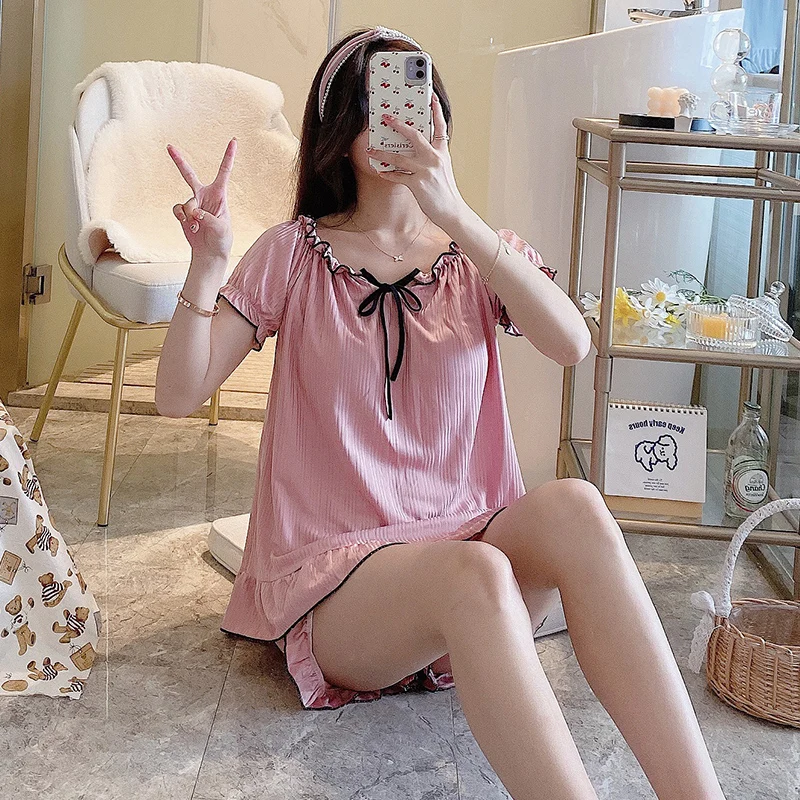 

Summer Women Short Sleeve Pit Strip Pajamas Set Solid Color Bow Nightwear with Chest Pad O Neck Sleepwear Simple Home Clothes