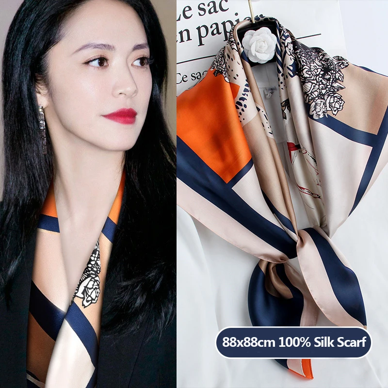 

Women 100% Mulberry Real Silk Square Scarf 88x88cm Neck Scarf Large Neckerchief for Ladies Print Bandana Square Silk Scarf