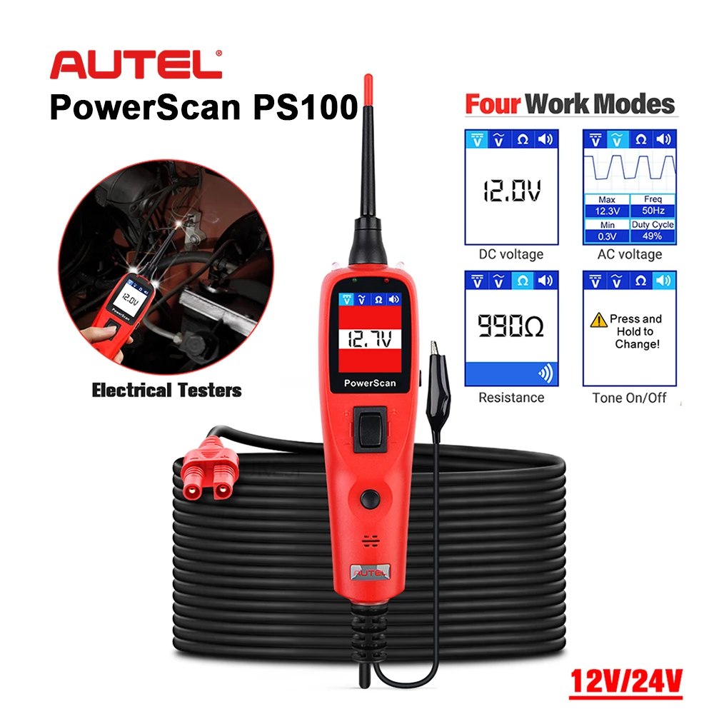 

Autel PowerScan PS100 Car Electrical Circuit Tester Four Work Mode 12V/24V Automotive System Diagnostic AVOmeter Test Tool PS100