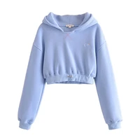 autumn 2021 new chest embroidery cute printing blue casual soft plus velvet thick hooded short sports sweater drawstring top