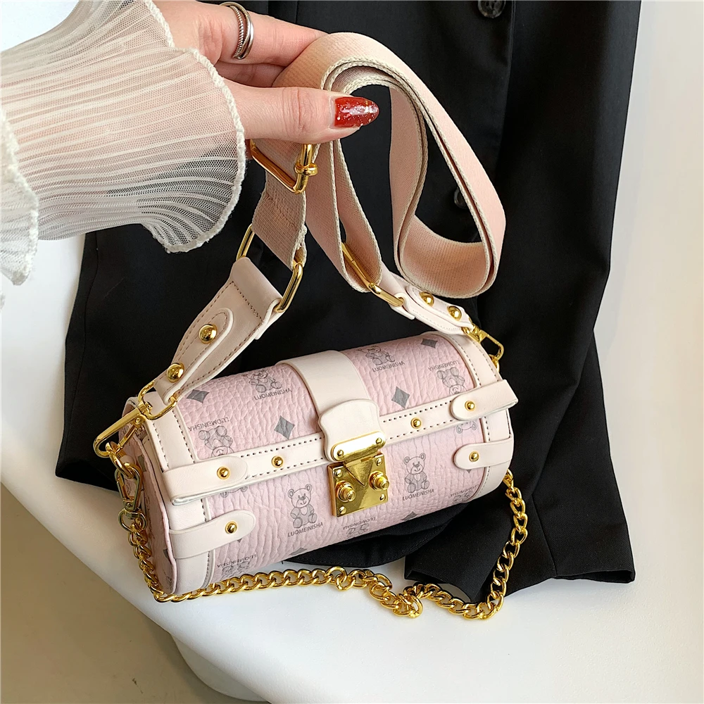 

Luxury Designer Chain Handle Cylinder Small Women Handbags 2022 Trend Wide Strap Cellphone Cute Ladies Shoulder Crossbody Bags