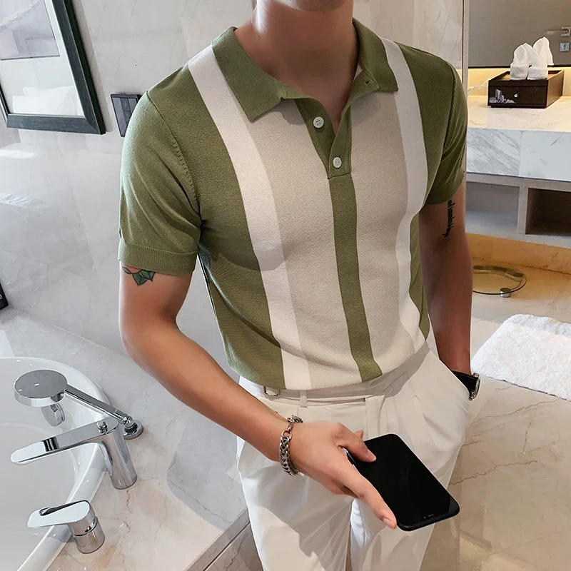 

High Quality Short Sleeve Knitted Polo Shirt Office Club Party Blue Green Elegant Spliced Color Men Breathable 2024