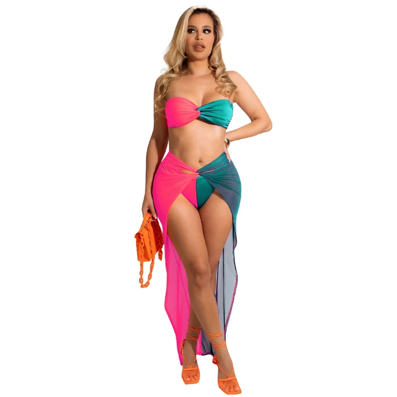 

Swimsuit Bikini Set Women With Mesh Skirt Cover Up 3 Piece Bathing Suit Summer Fashion Patchwork Beach Sexy Swimwear Bikinis Set