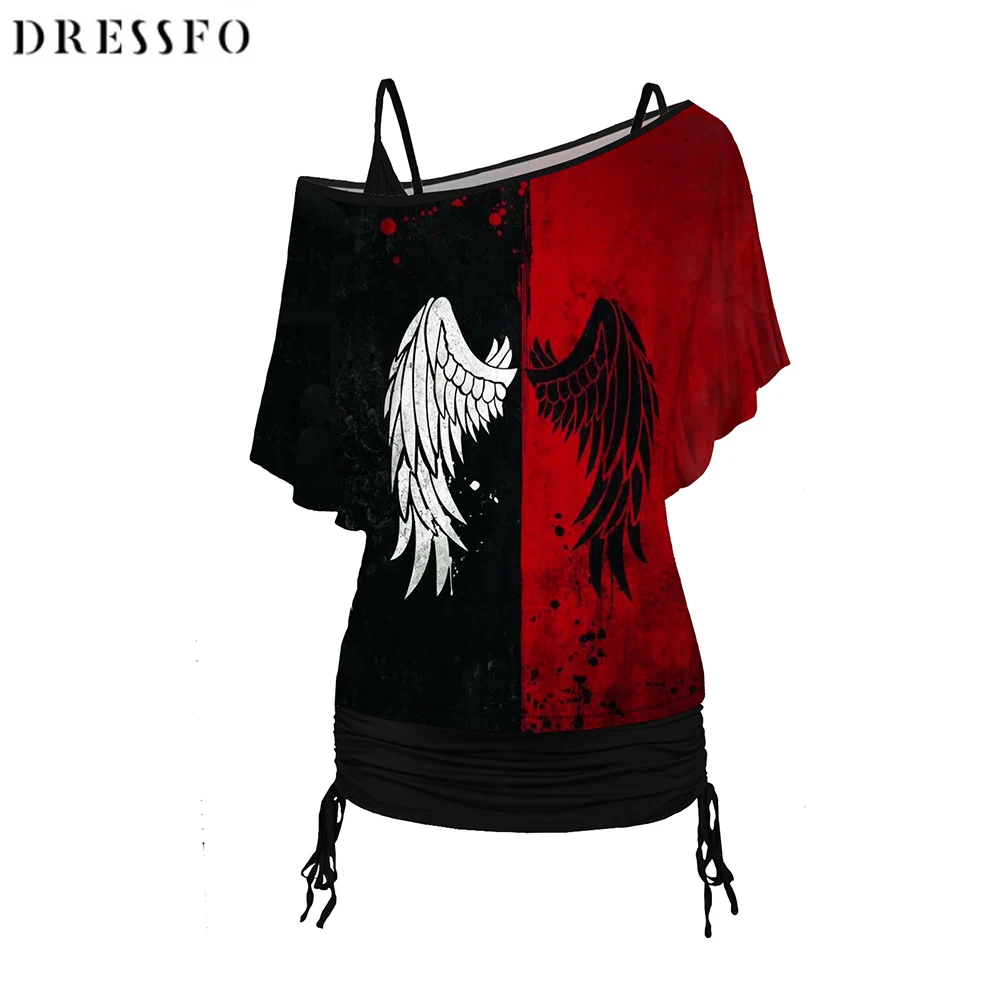 

Dressfo Women T Shirt Wing Print Skew Neck T Shirt and Cinched Ruched Long Camisole Set Solid Oblique Shoulder T Shirt 2023