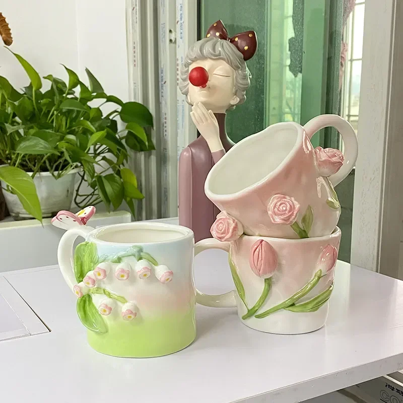 

Coffee 350ml Gilrs Ceramic Relief Heart Girls Cup Large-capacity Ceramic Festival INS Three-dimensional Flower Milk Cup Gift Mug