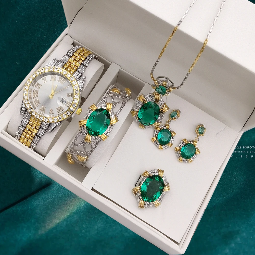 5Pcs Women Watch Luxury Full Diamond Elegant Quartz Watches For Ladies Retro Simulation Color Gemstone Party Jewelry Sets