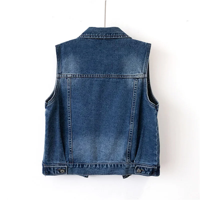

Dark Korean Blue Denim Vest Women Waistcoat Slim Short Big Pocket Cowboy Sleeveless Jacket Coat Summer Thin Jeans Vests Female