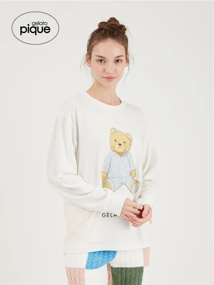 Gelato pique Room Wear Jeans 2023 Spring New Women's Pajamas Eames Joint Name Bear Printed Long-Sleeved T-shirt Pants
