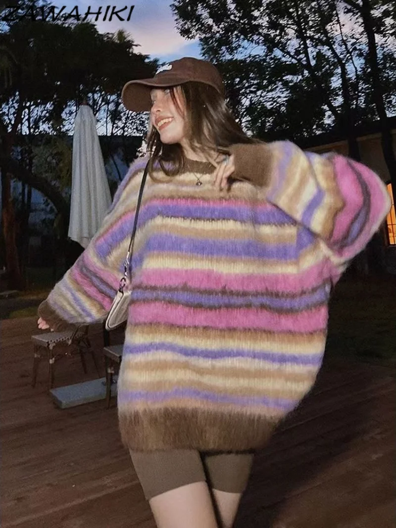 

Vintage Sweaters Women Pullover Winter Striped Jumpers Mohair Loose Pullover Knitwear Casual Loose Sweater Contrast Color Top