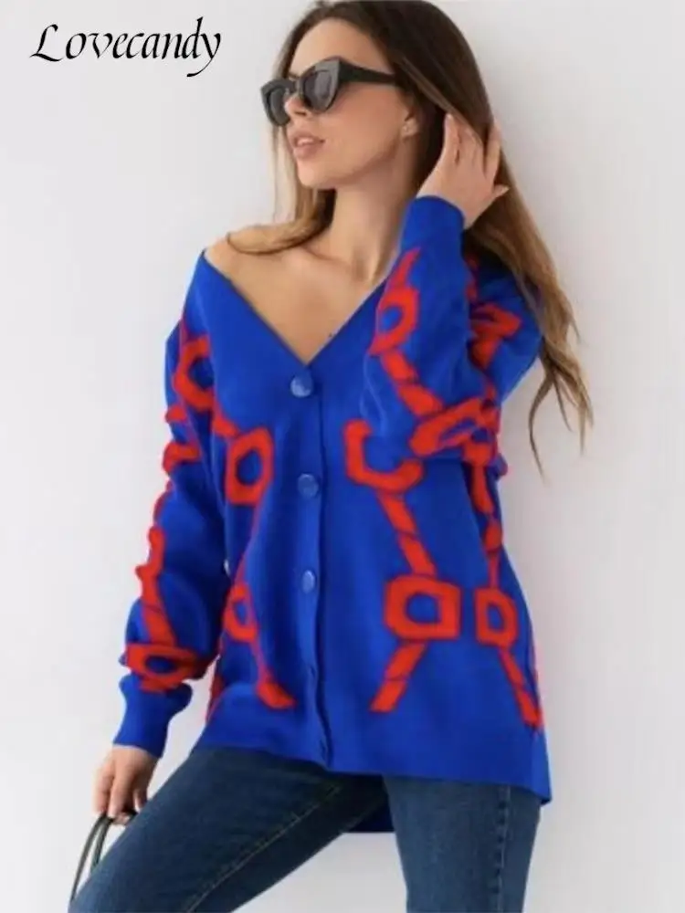 

New Autumn Jacquard Women Knit Cardigan Vintage V-Neck Single-breasted Streetwears Fashion Casual Loose Female Knitted Sweater