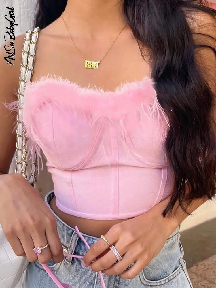 

Feather Top Corset Top Women Off Shoulder Crop Top Skinny Strapless Tube Top Summer Outfits Streetwear Solid Pink Backless Top