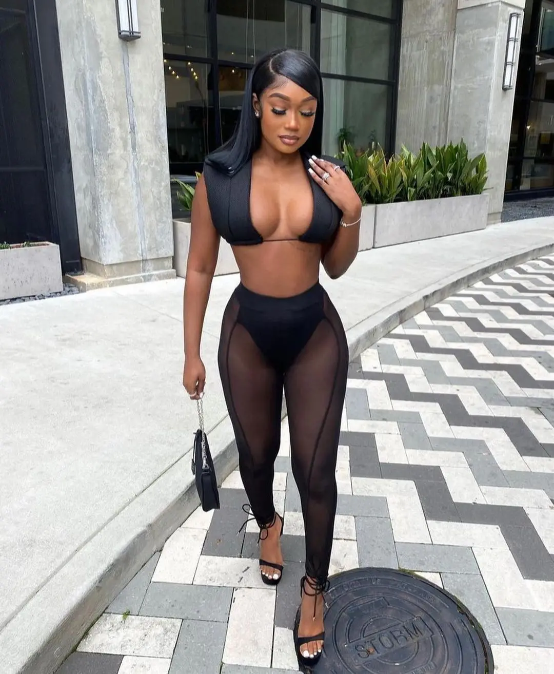 

2022 New Black Two Piece Set Women Sexy Deep V Neck Sleeveless Crop Top + Sheer Mesh Pants Club Party Set Women Outfits Suits