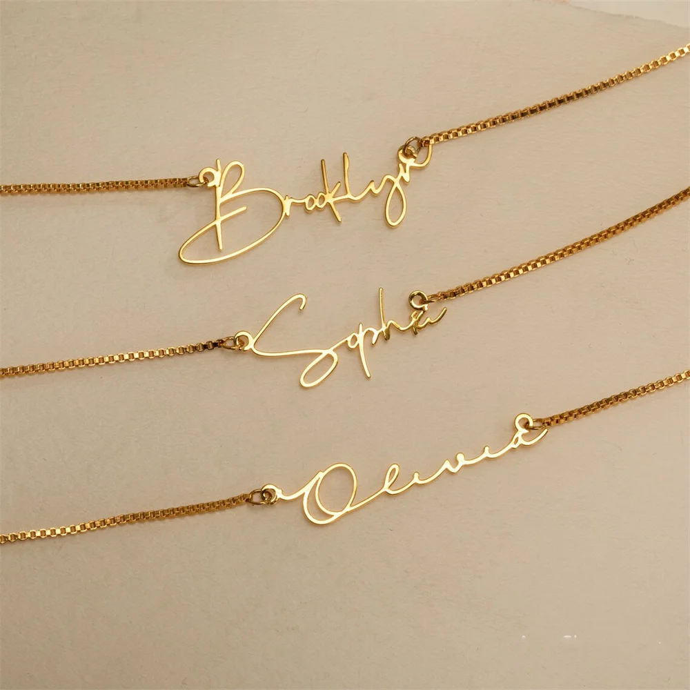 

Custom Name Necklace Personalize Handwritten Signature Nameplate Pendant Choker Stainless Steel Box Chain Necklaces for Women