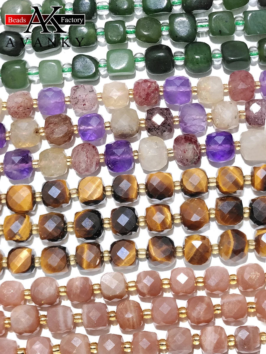 

Natural Stone 8mm Moonstone Jasper Pink Strawberry Crystal Faceted Cube Loose Beads For DIY Jewelry Making Bracelet Necklace