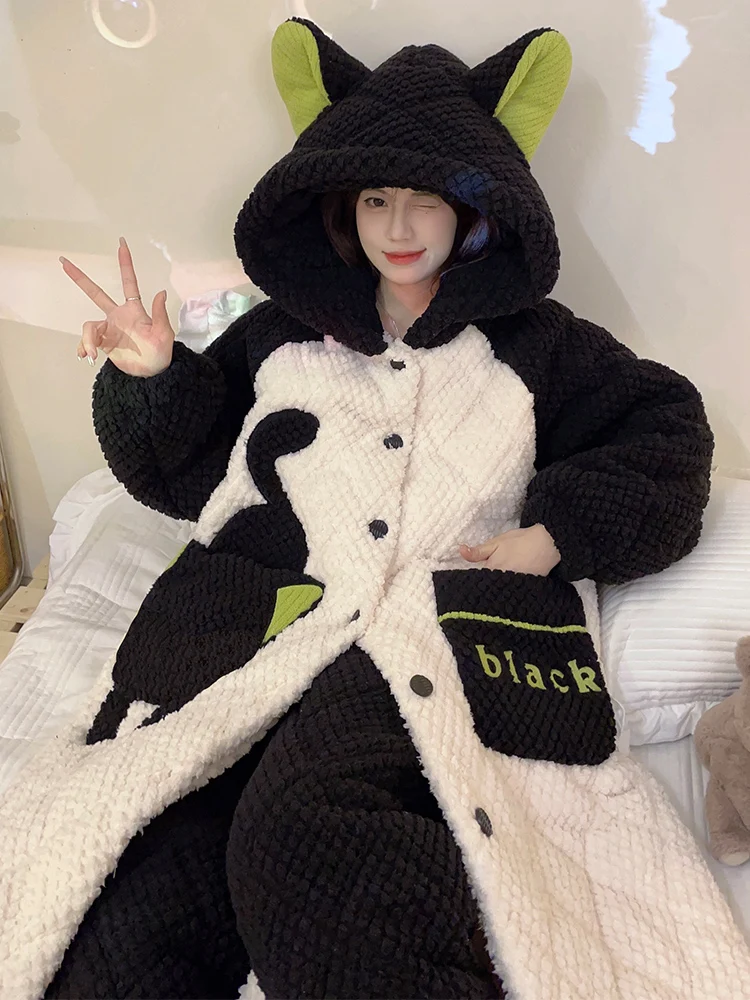 Autumn and Winter 2024 New Three-Layer Quilted Women Nightgown Coral Fleece Pajamas Fleece-lined Thickened Homewear Set