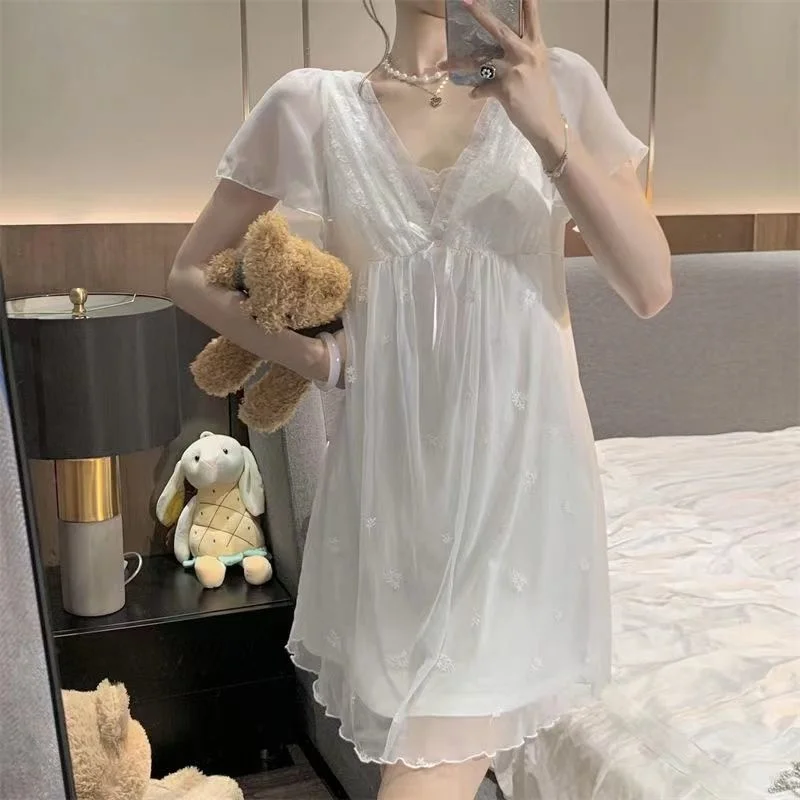 Sexy Womens Summer Nightdress Lace V-Neck Sleepshirt Cute White Nightgowns Nightwear Spring Sleepdress with chest pads Pajamas