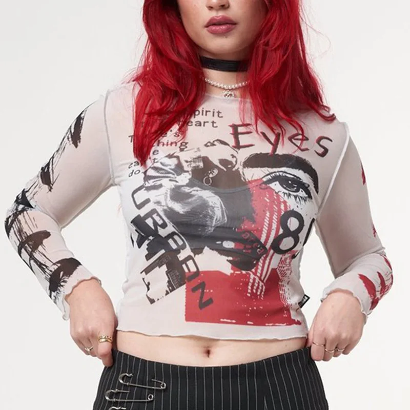 

Женский сетчатый укороченный топ, прозрачная укороченная футболка с длинным рукавом и принтом в стиле ретро, уличная Клубная одежда для веч...