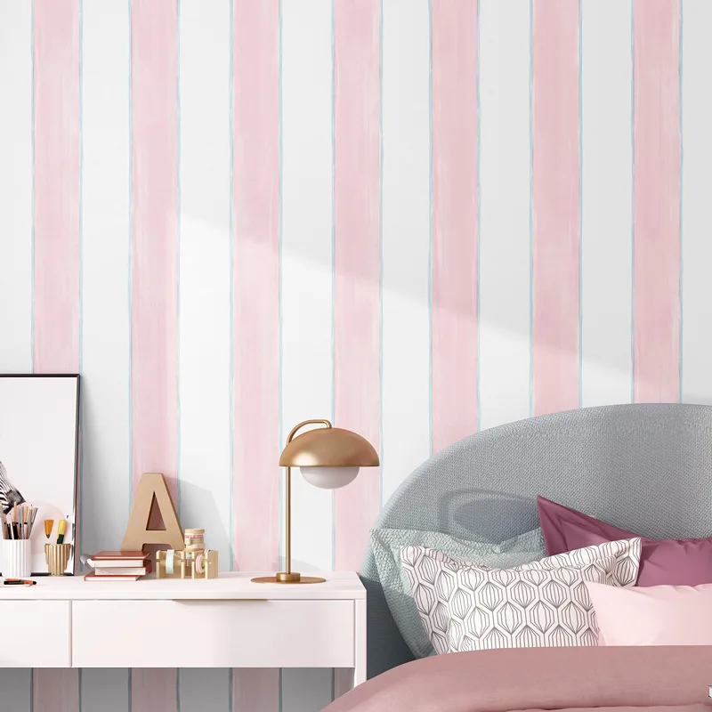 

Children's Wallpaper Bedroom Girl Boy Room Nordic Style Girl Princess Pink Cartoon Vertical Stripes Pink Wallpaper