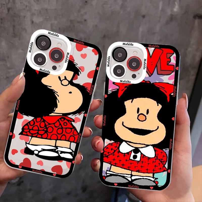 

mafalda Girl Phone Case For iPhone 14 13 12 11 Pro Max Mini X Xs XR 6 7 8 Plus SE 2020 Transparent Case