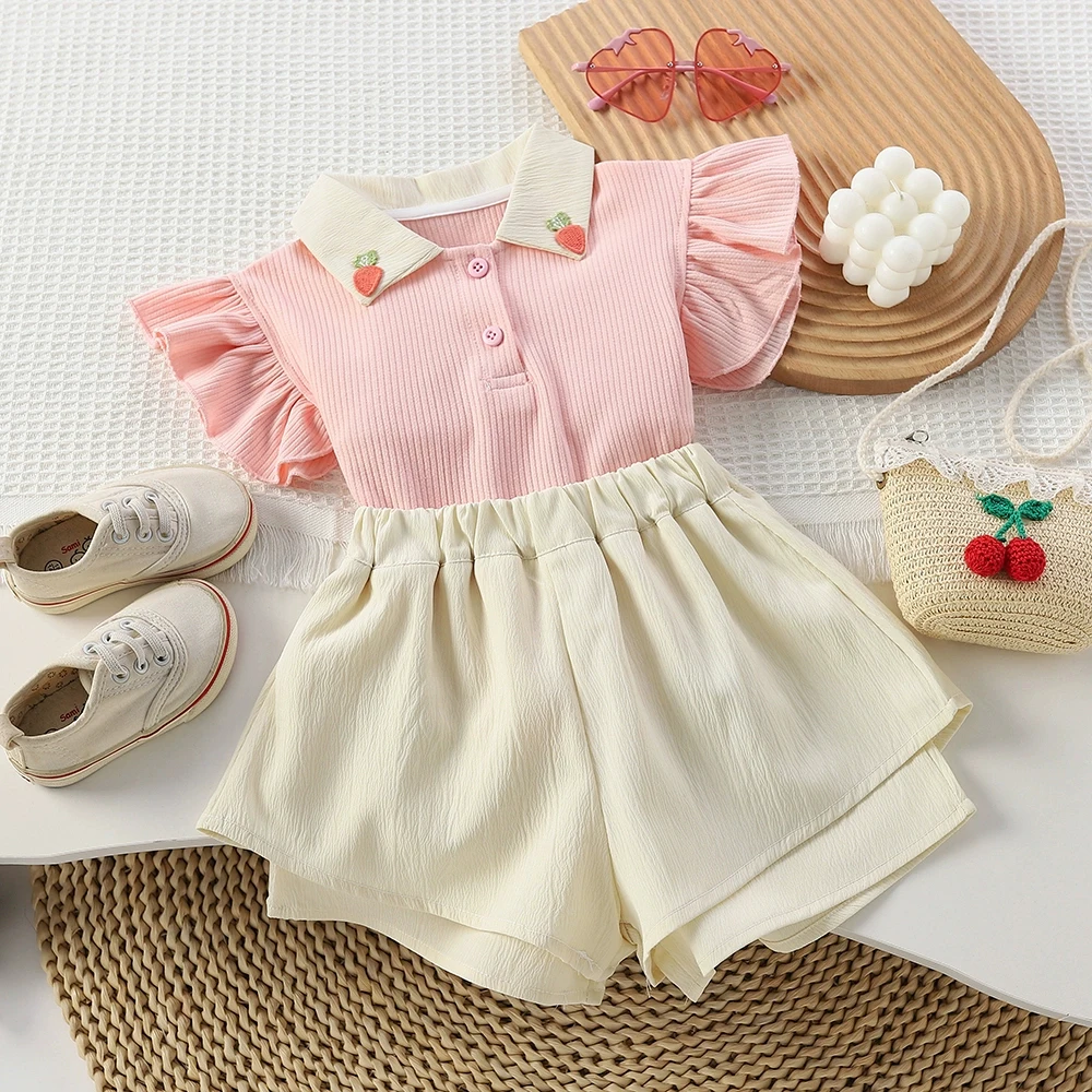 

Summer Kids Girls Clothes Sets Cute Strawberry Embroidery Ruffles Fly Sleeve Girl T-shirts+Shorts 2Pcs Children Clothing Suit