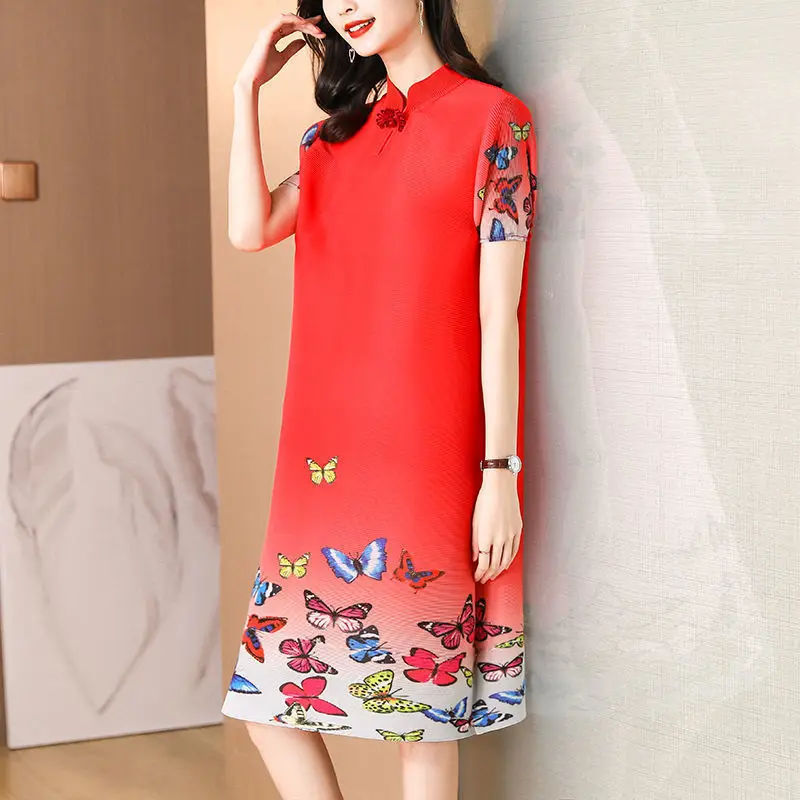 

Chinese style dress female thin mid -length skirt 2022 printed fold summer dress red short -sleeved o neck casual dress female