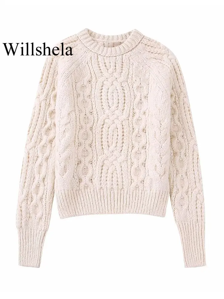 

Willshela женский модный однотонный вязаный пуловер, винтажный свитер с круглым вырезом и длинными рукавами, женские шикарные топы