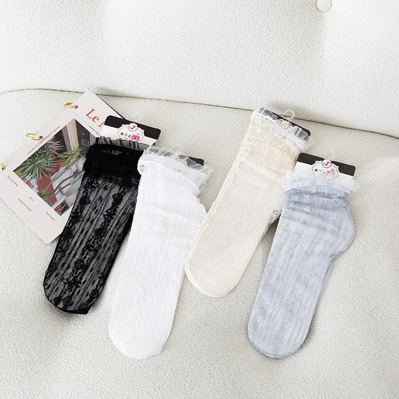

Pile Socks Japanese Woman Clothes Transparent Kawaii Thin Harajuku Hollow Out Lace Mesh Retro Stockings Women's Underwear