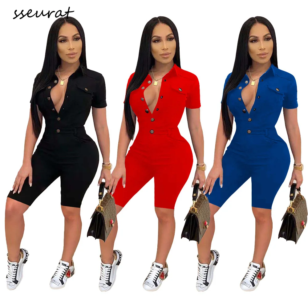 

SSEURAT Women Playsuit Solid Short Sleeve Turn-down Collar Single Breasted Stretchy Bodycon Playsuits Casual Romper