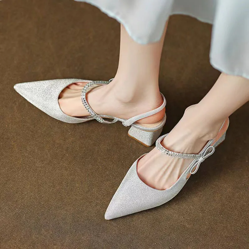 

New Women's Sandals Pointed Toe High Heels Slingbacks Crystal Bling Pumps Side Bow Dress Shoes Designer Summer Sandalias mujer