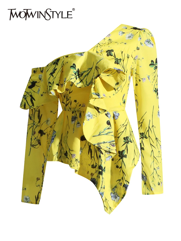 

TWOTWINSTYLE Colorblock Printing Shirts For Women Skew Collar Sleeveless Patchwork Ruffles Temperament Shirt Female Fashion 2023