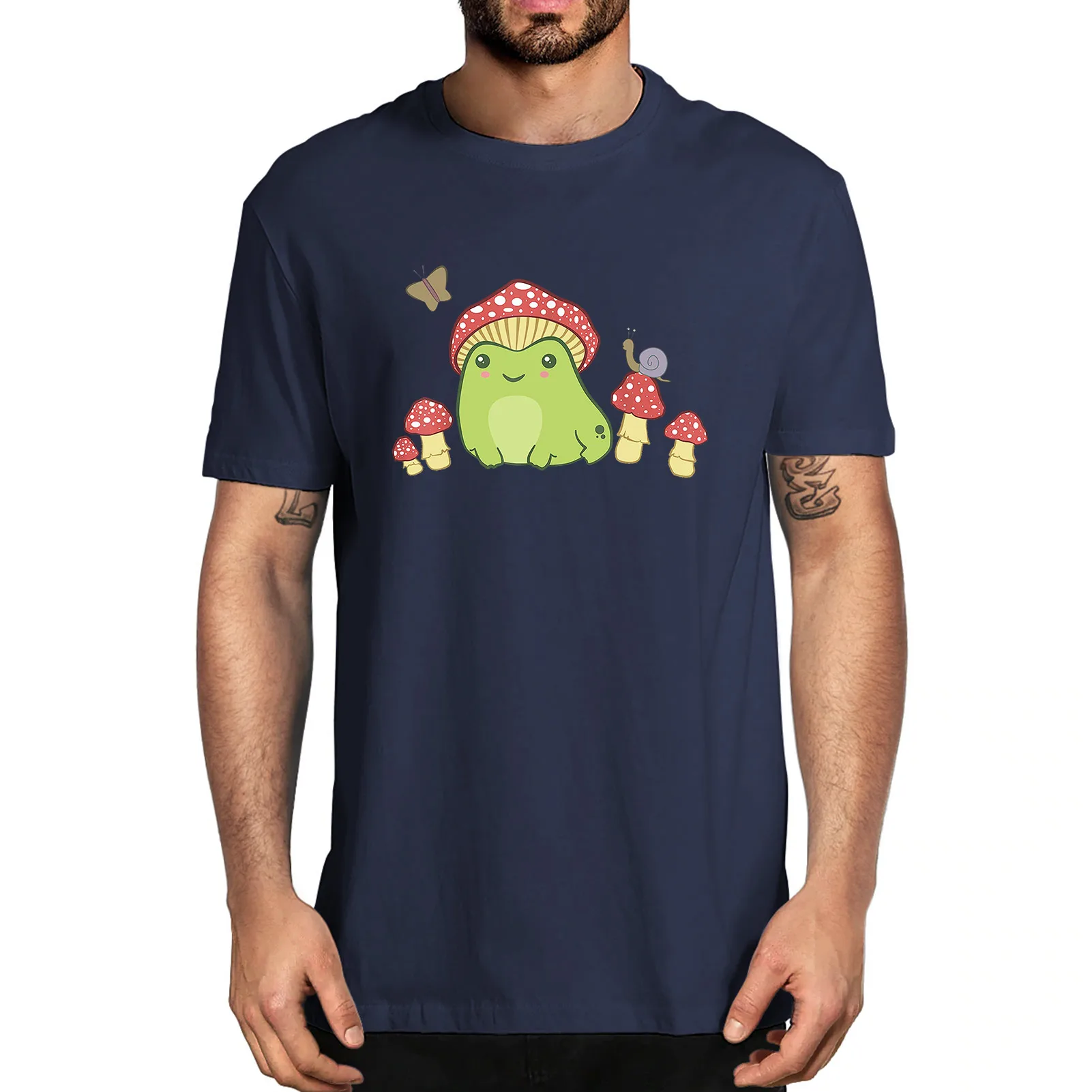 

Unisex Cotton Funny Frog with Mushroom Hat Butterfly Cottagecore Aesthetic Fashion Summer Men's Novelty T-Shirt Harajuku Tee