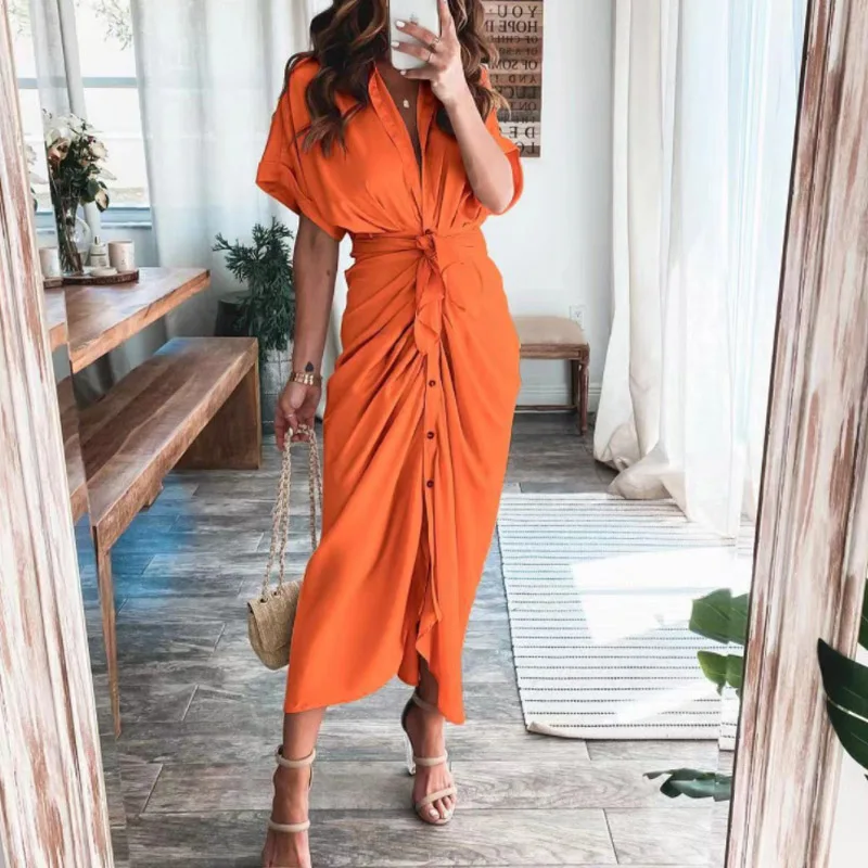 

Ladies Sexy V-neck Draped Shirt Long Skirt Fashion Button Split Tie Beach Skirt Ladies Elegant Casual Short Sleeve Dress Spring