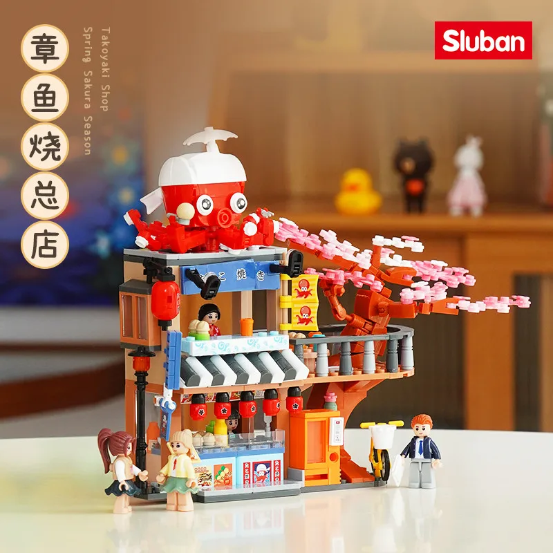 

548PCS Spring Sakura Season Holiday Villa House Castle Takoyaki Shop City Building Blocks Friends Educational Toys for Kids