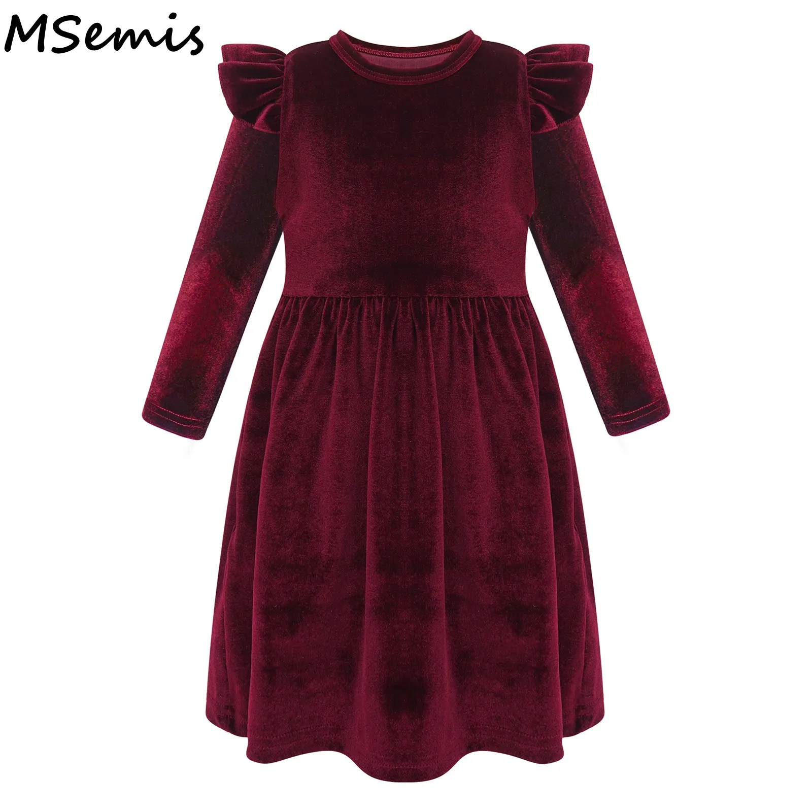 

Baby Girls Single-sided Velvet Dress Long Sleeve Round Neckline Ruffle Shoulder Solid Color Dress
