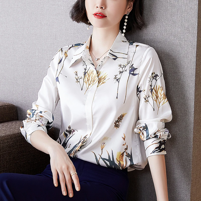 

Korean Silk Women Shirts Satin Blouses Women Long Sleeve Shirt Woman Print Blouse Plus Size Elegant Woman Silk Floral Shirt Tops