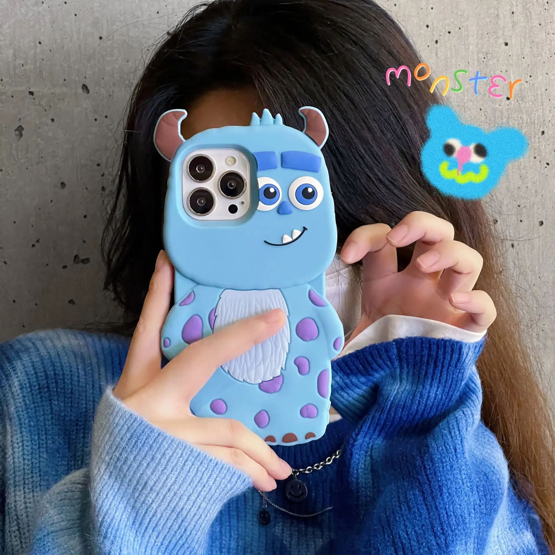 

Cute Cartoon Couple Blue Monster Phone Cover For iPhone 11 12 13 14 Pro 14Plus Luxury simple Soft Silicone TPU bumper Case
