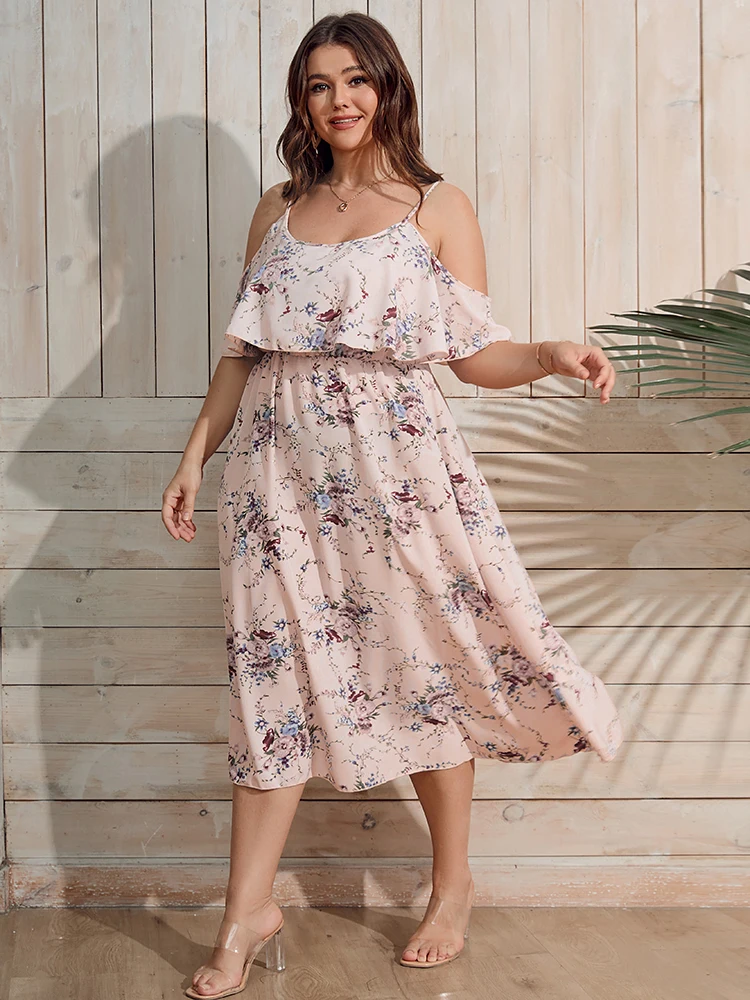 

Finjani Floral Print Cold Shoulder Ruffle Trim Dress Plus Size Women's Summer High Waist Cami Even Dress
