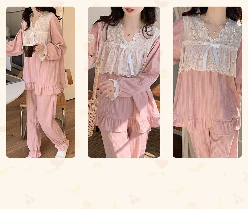 Yasuk Spring Autuum 2023 Women's Casual Sleepwear Homewear Sexy  Lovely Sweet Pink Girl Pajamas With Pants Soft Lace Bow Gentle