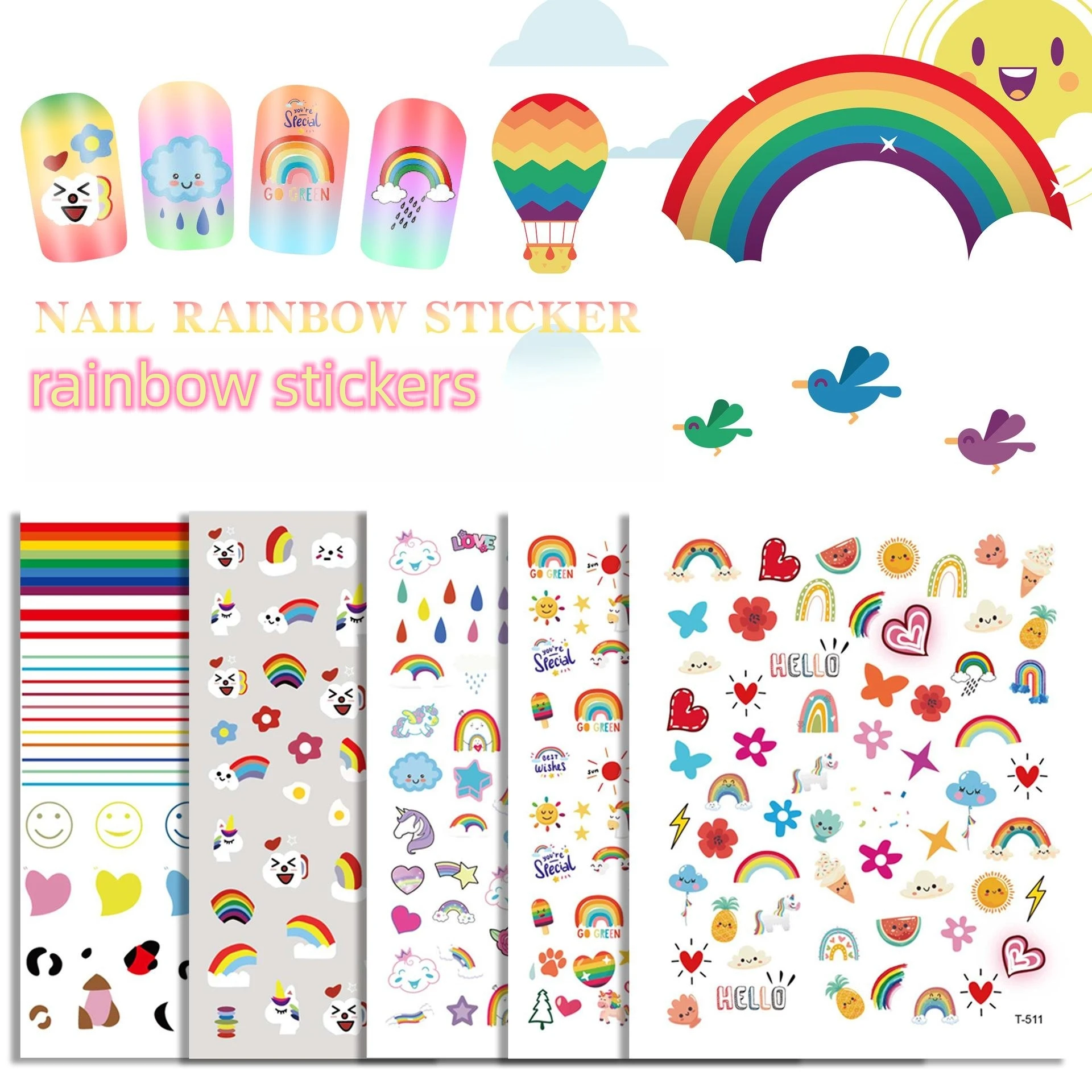 

Set 5DEmbossed Nail Art Stickers Daisy Tulip Rainbow Heart French Fruit Pattern Self-adhesive Nail Sticker Hollow Design Sticker